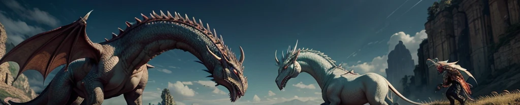  a battle of dragons in an unreal world, plated of prehistoric beings 