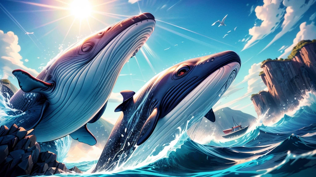 Flying whale jumps over a yacht, opening its huge mouth, clear sunny sky, splashing water, (best quality,4k,8k,highres,masterpiece:1.2),ultra-detailed,(realistic,photorealistic,photo-realistic:1.37),detailed whale anatomy,dramatic lighting,cinematic composition,vibrant colors,smooth shading,dramatic ocean waves,shimmering sun reflection,