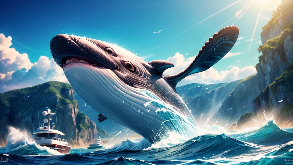 Flying whale jumps over a yacht, opening its huge mouth, clear sunny sky, splashing water, (best quality,4k,8k,highres,masterpiece:1.2),ultra-detailed,(realistic,photorealistic,photo-realistic:1.37),detailed whale anatomy,dramatic lighting,cinematic composition,vibrant colors,smooth shading,dramatic ocean waves,shimmering sun reflection,