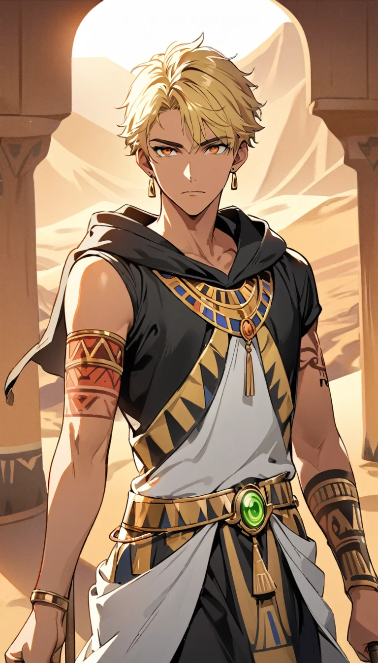 Desert Background,Handsome young man, blond, Orange Eyes, short hair, Black Hoodie,high quality, Draw Amount, pixiv illustrations,Tanned skin,Red tattoo on the arm,(Egyptian style,Egyptian Dress Up),Scepter,earrings,Sunlight,Vision