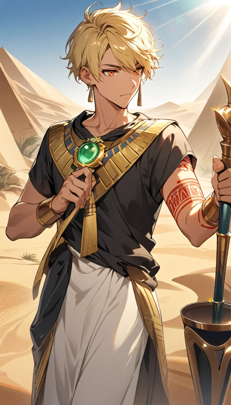 Desert Background，Handsome young man, blond, Orange Eyes, short hair, Black Hoodie,high quality, Draw Amount, pixiv illustrations，Tanned skin，Red tattoo on the arm，(Egyptian style，Egyptian Dress Up)，Scepter，earrings，Sunlight，Vision