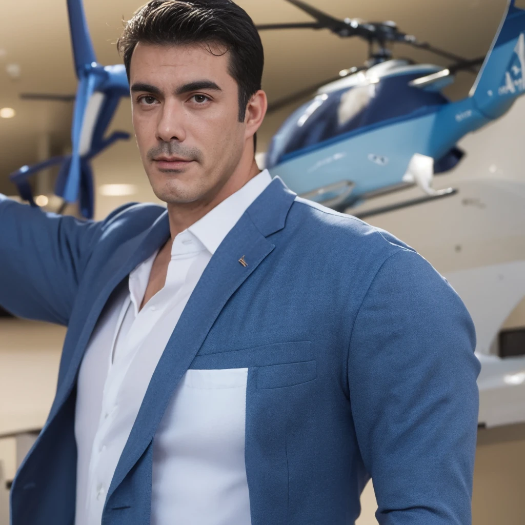 handsome hazael (1chico, 40 year old, wearing an elegant white shirt and blue jacket, with dark blue Armani jeans. Full body portrait, In front of a state-of-the-art helicopter in ultra-modern style. Directed by Guy Ritchie.)a Man standing with 30 years in suit and tie, body and head straight in the photo, DSRL, facing the viewer of the photo, eyes fixed to the lens, appears shoulders and head in the photo, man centered in the photo, 8k, best quality, masterpiece, realistic, realistic photo, movie photo, ultra realistic, 1 person, detailed, Perfect lighting, DSRL, professional photo, 4k