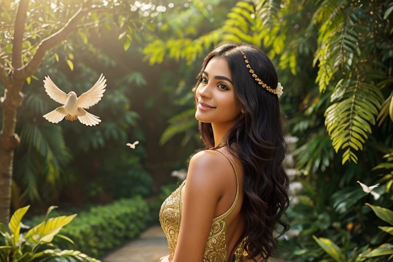 A stunning kerala girl, dressed in a vibrant modern outfit adorned with intricate embroidery, stands in a lush garden. Her long, dark hair cascades down her back, and her eyes sparkle with joy as she gently holds a dove in her hands. Around her, several doves flutter gracefully, creating a serene and enchanting scene. The sunlight filters through the trees, casting a warm, golden glow on her radiant smile and the delicate feathers of the doves.