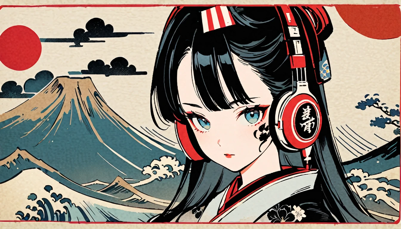 Ink Painting, Gorgeous hair accessories, 1 girl, Tattoo on face, Japanese style headphones, beautiful girl, Black Hair, Delicate and precise, Modern ukiyo-e style, Japanese flag