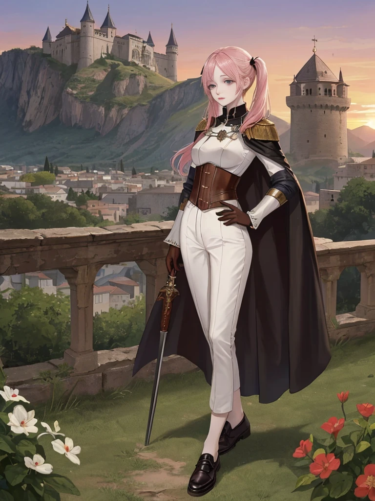 A world inspired by the Italian-Spanish Renaissance in the 16th century, davincipunk technology, in a castle, on the battlements, sunset, a plain, leading an army, arquebus on the back, falcata sheathed at the waist, sunset on the mountains, watching the invader disembark from large galleons, birds in the sky, imposing, proud, battle-hardened, a beautiful 21-year-old woman, /(16th century arquebusier's uniform: fitted button-down blouse, breastplate covering the torso, long leather cape, leather military shoes, brooches in the hair, gloves, helmet with a feather on top, cloth pants,), /(Pale white skin, extremely long pink hair combed in two pigtails and a lock over the left eye, violet eyes,), /(Hourglass shaped body, medium hips, medium waist, shapely legs, big chest, small hands, slender fingers, Greek nose, almond eyes,),