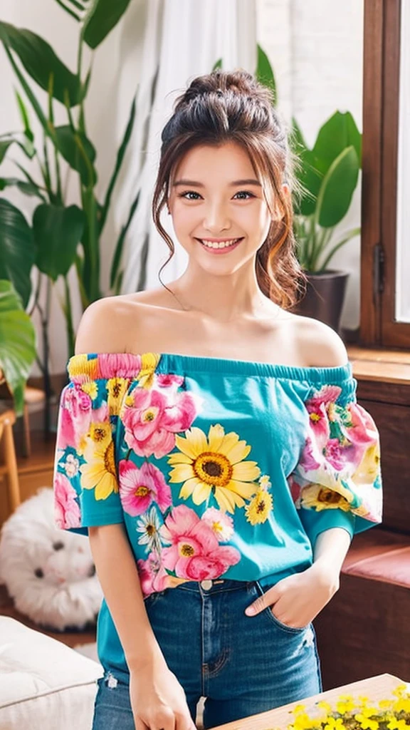 Redrawing Smiling Face Off-the-shoulder T-shirt Holding a Kitten Colorful flowers blooming in the background. Tidy living room in the background.