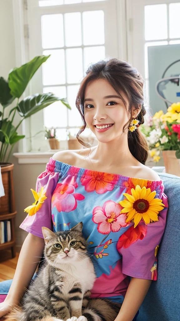 Redrawing Smiling Face Off-the-shoulder T-shirt Holding a Kitten Colorful flowers blooming in the background. Tidy living room in the background.