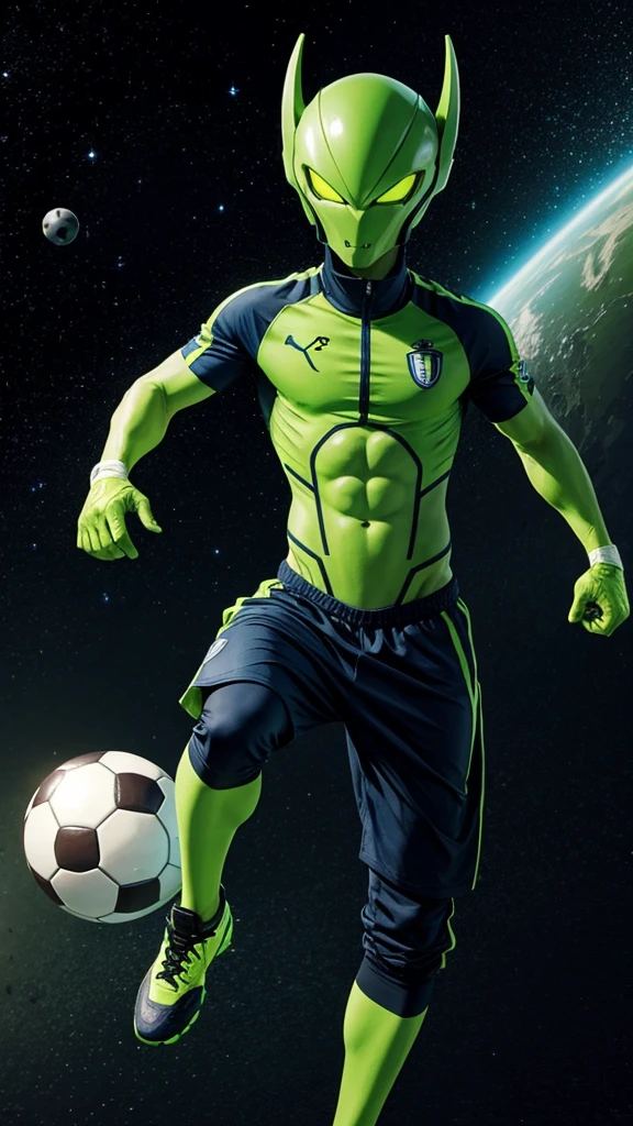 A male green alien playing soccer. On a galaxy
