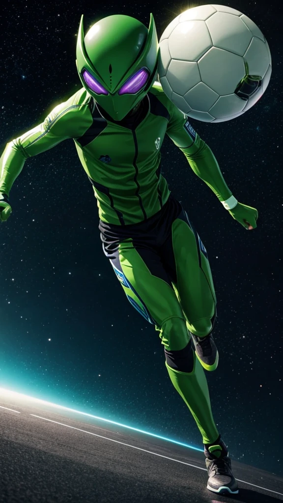 A male green alien playing soccer. On a galaxy