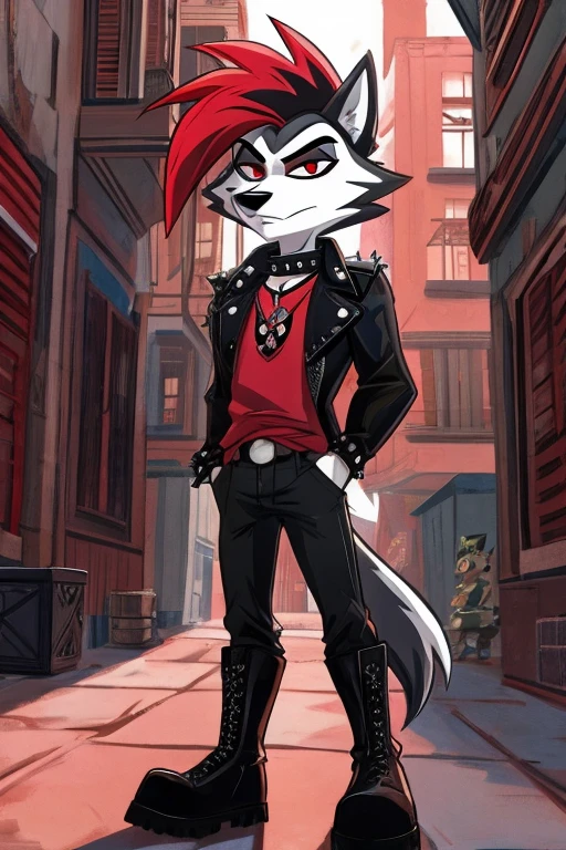 Art helluva boss,furry masculino,husky,black and white fur color,beauty,black and red hair color,red eyes, white pupils,normal facial expression,Dog Collar,punk jacket,red shirt,black military pants,military boots, suburban cartoon scenery.