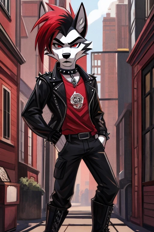 Art helluva boss,furry masculino,husky,black and white fur color,beauty,black and red hair color,red eyes, white pupils,normal facial expression,Dog Collar,punk jacket,red shirt,black military pants,military boots, suburban cartoon scenery.