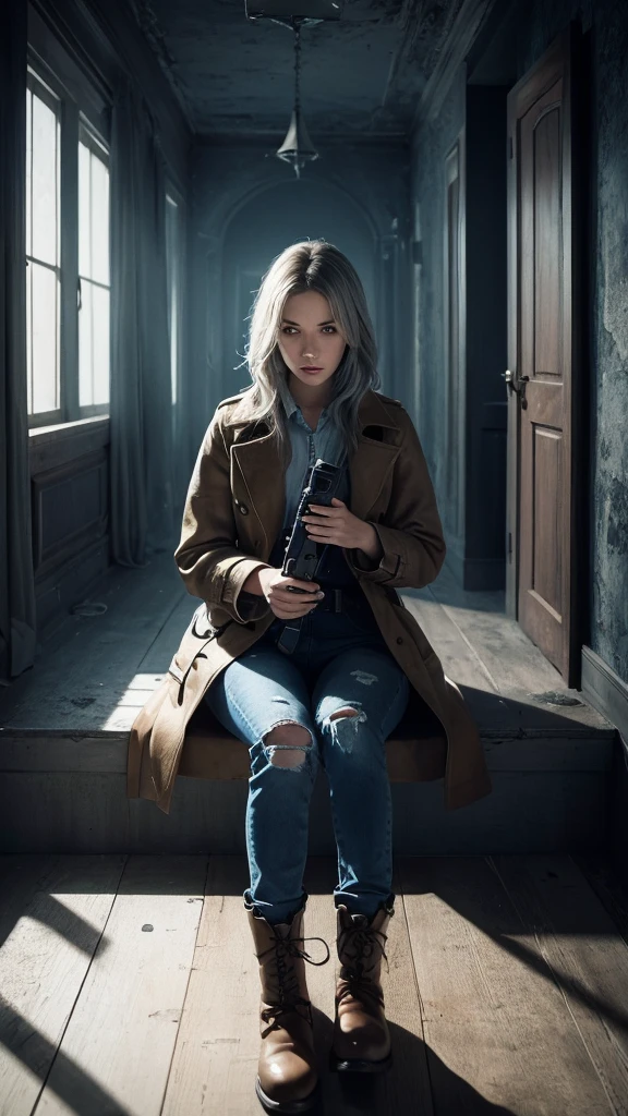 ((Suspense Scene ((Concept Art)), Highly detailed drawing of a girl in blue jeans, Brown coat and boots)), (Better lighting, Better Shadows, Very delicate and scary), (Digital Illustration), ((4K Painting)), [(Dynamic Angle,((One girl)),Gray Hair, (Beautiful Face, Perfect Face, Scared,) Expressions of fear, Torn clothes, Holding a gun in your hand, Sitting on the floor, darkness, Scary House),  [:(dark, mysterious, Game Paint, An ominous setting, Jagged Hallway, Big House, silence):]