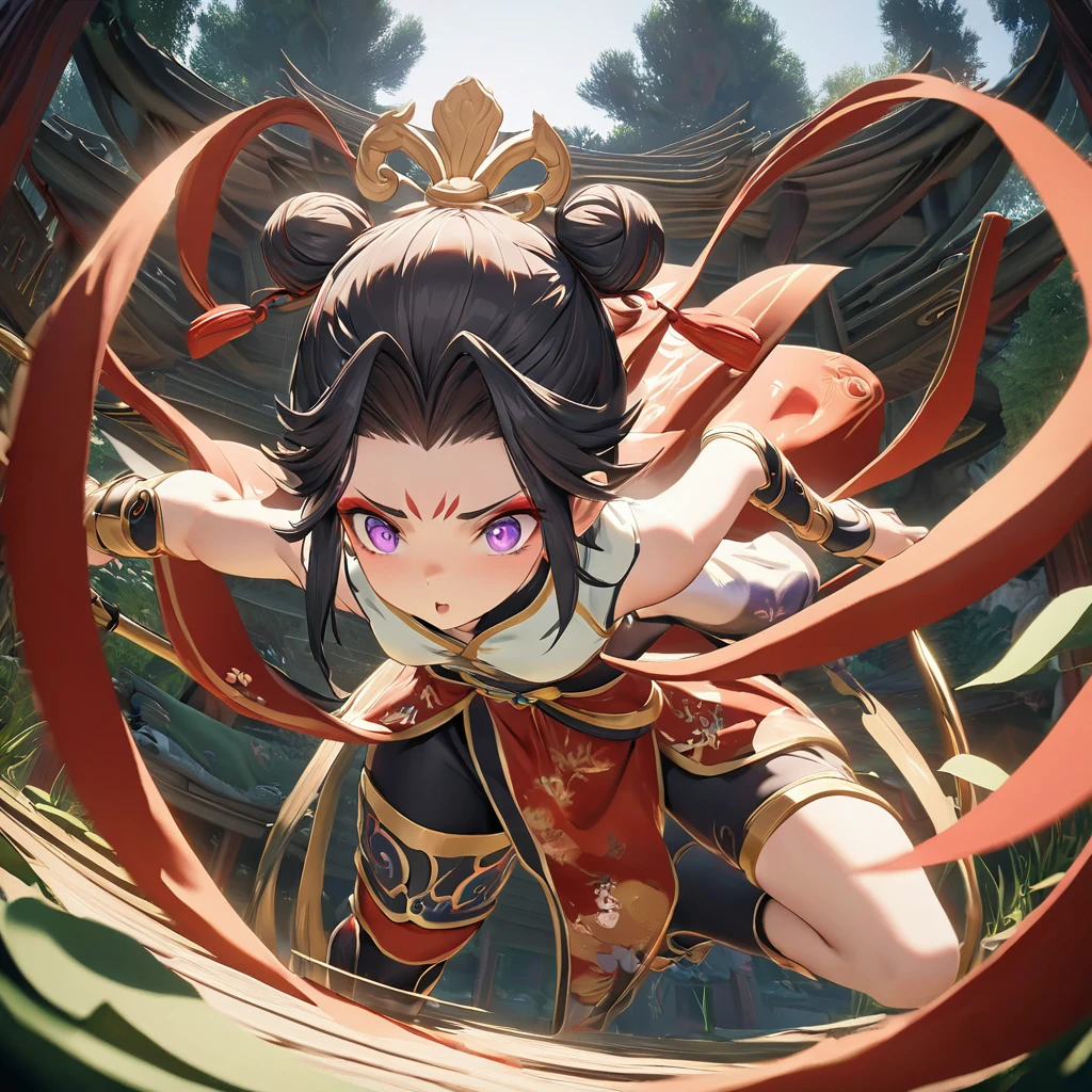 Create a full-body of a youthful black hair Japanese loil with an energetic and determined expression. The character have a double hair bun secured with a golden headband, and the face should feature bold red and dark Peking opera makeup with eyes full of courage and resolution. The facial features need to be highly realistic, with particular attention to the eyes, nose, and mouth. Wide angle view, fisheye lens technique, fixed camera position. The Character Portrayal: 18 year old beautiful loil Ming Dynasty warrior, head hairstyle: dark double bun hair, combed into two double sideburns similar to Chunli's hairstyle; she is wearing a pink or purple lavender embroidered belly-band, green three-petal lotus-leaf wrist guards, a light green lotus-leaf skirt, bare feet without shoes, green ankle guards and three-petal lotus-leaf ornaments, each fire ring on her left and right feet, which follow the movements of her feet with a slight fluttering motion. She holds a chinese long spear in her left hand, the tip of which glints with a cold light. In her right hand hold a Gold Hula ring. The back is encircled by the red float Dunhuang ribbon , which follows the movement of her back with a slight sway. Movement: Ne Zha's overall direction of movement pans slightly towards the [top] of the screen, the direction of her cute head [slightly upwards to the right], the direction of her upper torso [upwards], the direction of her left arm's movement [slightly upwards], the direction of her right leg's movement [downwards], and the left leg's movement [downwards] as well. High Performance, Slow Motion, 4K, 3DCG, Unreal Engine, Game CG, Game Demo, High Surface Count, Ne Zha's delicate toes, Hanging Weiya, Ne Zha's delicate features. {{masterpiece}}, best quality, illustration, 1 girl, {double bun}, small breast, beautiful detailed eyes.