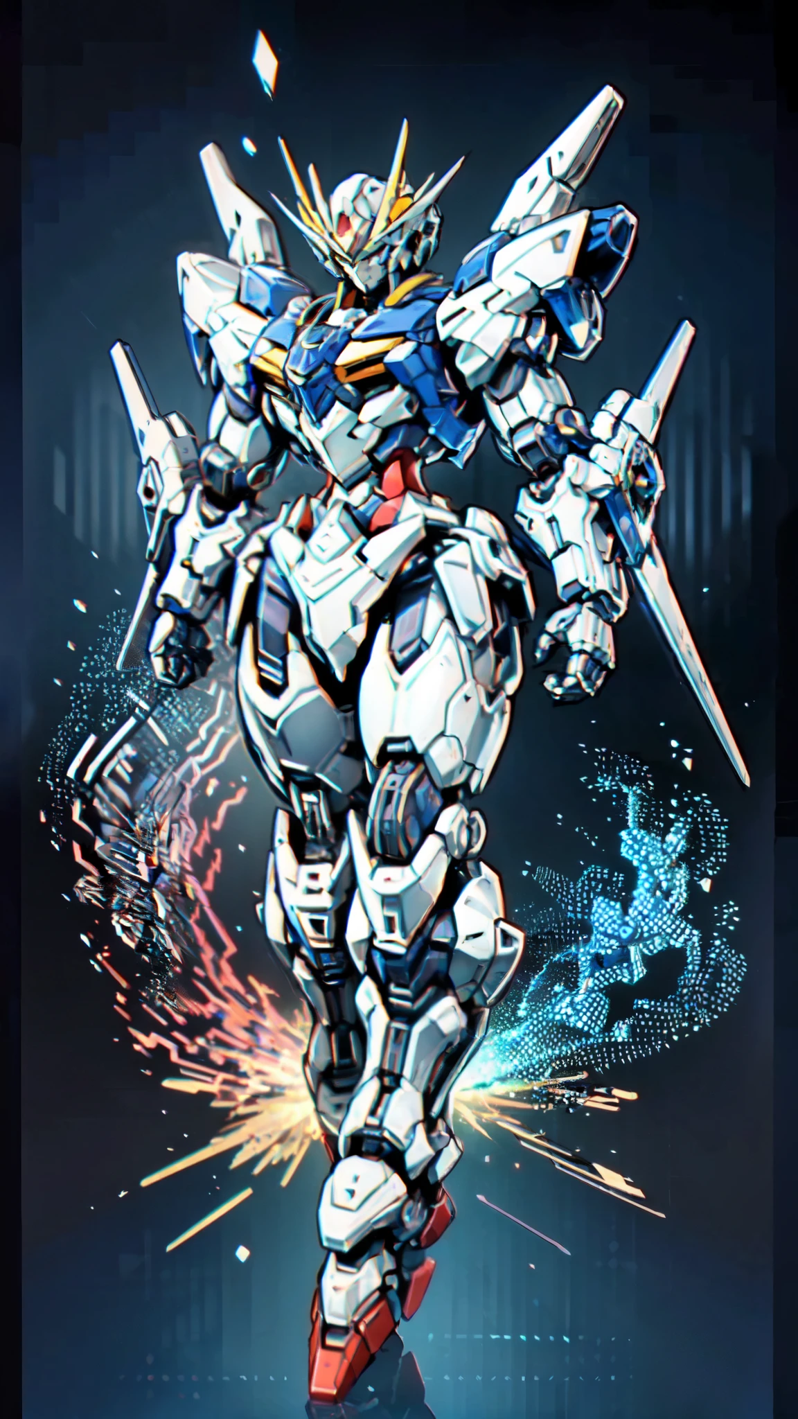 (masterpiece:1.5, best quality:1.5, extremely delicate:1.5), humanoid Mecha, fully enclosed shoulder guards, matching arm and leg guards, full body, full armor, the design balances heavy with agility, (the color scheme is primarily white with red and blue accents, the concept Inspired by Super robot, organic biotech armor, standing, floating high above the futuristic sci-fi city), exquisite and mature art style, (aura effect, energy, glowing eyes, the armor glows), metallic, dramatic, high definition, highres, ultra-detailed, ultra-fine painting, professional, perfect body proportions, anatomically correct, symmetrical face, extremely detailed eyes and face, high quality eyes, creativity, RAW photo, UHD, 32k, Natural light, cinematic lighting, masterpiece-anatomy-perfect
