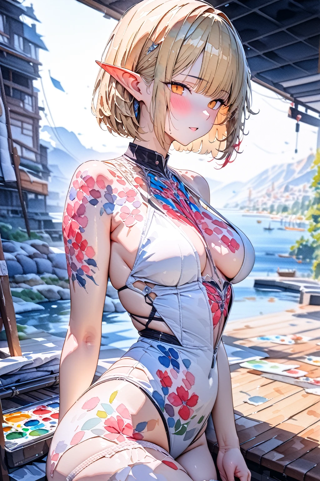 (masterpiece, best quality:1.5), (ultra detailed, high resolution, 8k, beautiful detailed, UHD, best anatomy), blonde bob cut hair, medium breasts, 1 cute elf, (watercolor painting Art:2), gorgeous, genial, colorful