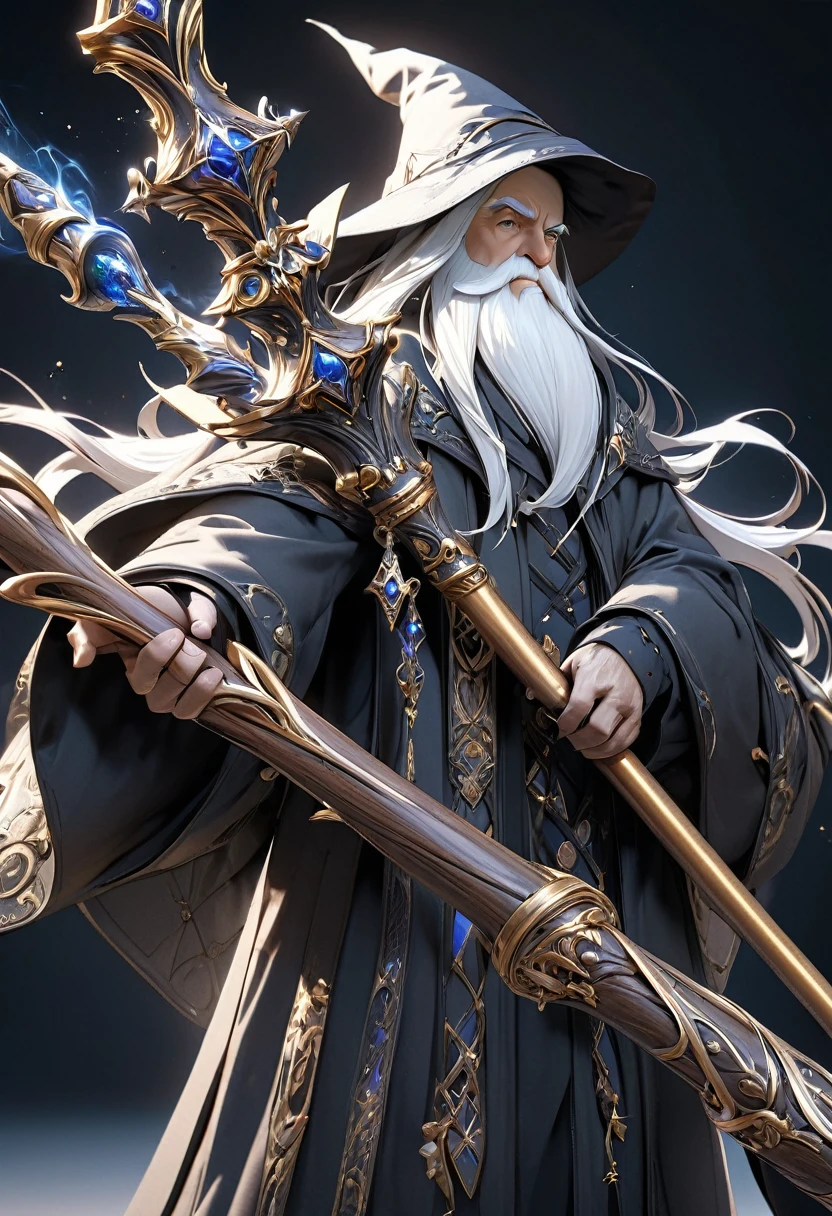 masterpiece, 8k, best quality, highly detailed, a black wizard's staff with white bows on it