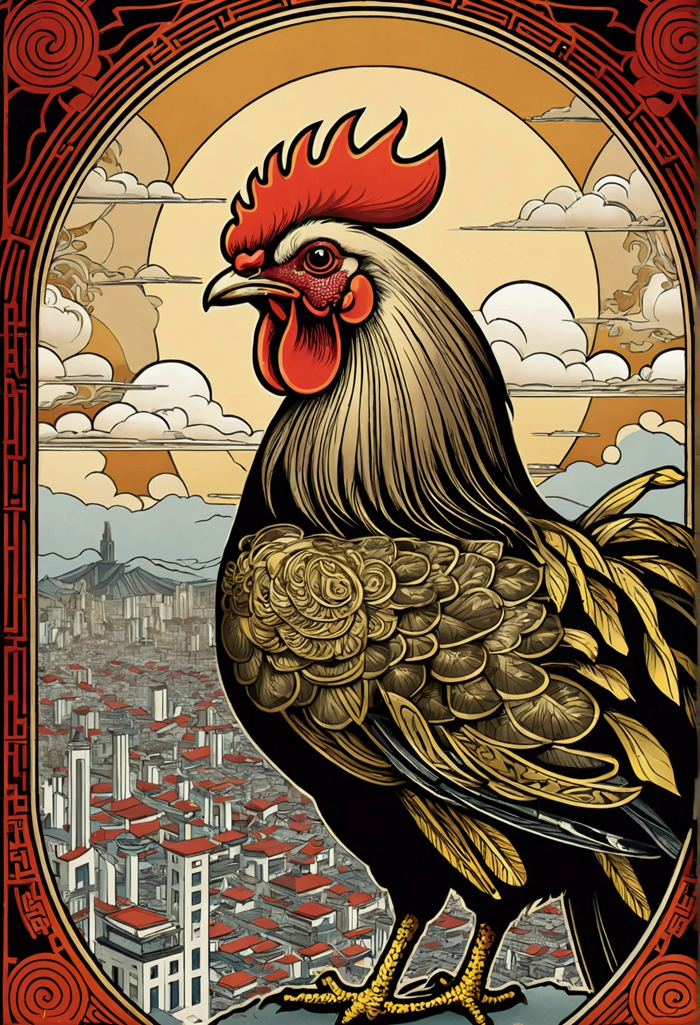 Chinese Chicken in Chang'an City, Illustration in Art Nouveau style, detailed sky, chinese punk, descriptive narrative, Solarizing Master, quito school, visual poetry