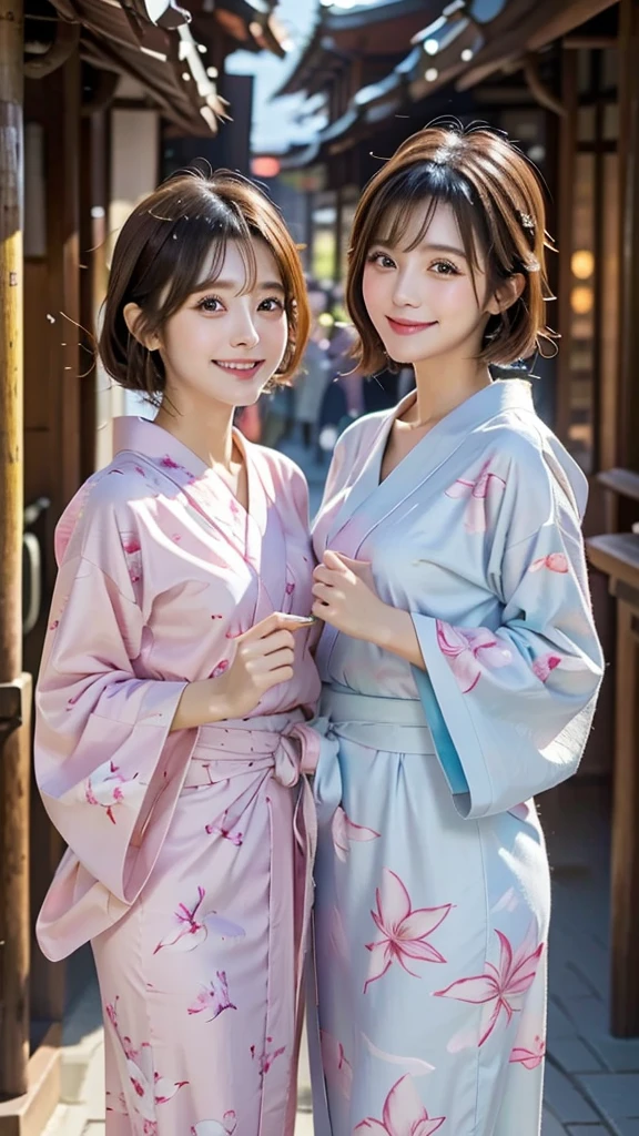 Two beauties,2 girls,cute,yukata,Lily print,pastel colors,winter,Great Joy
