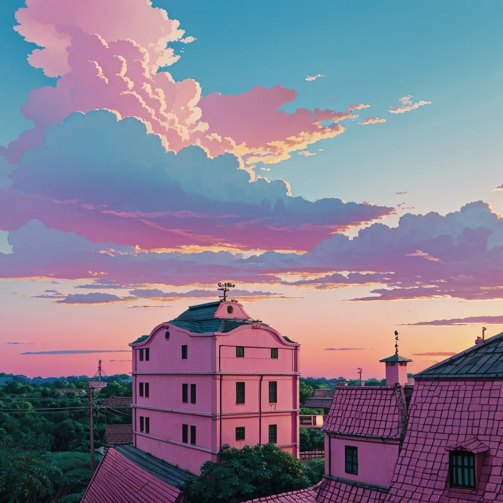 Pink sky evening Studio Ghibli Style