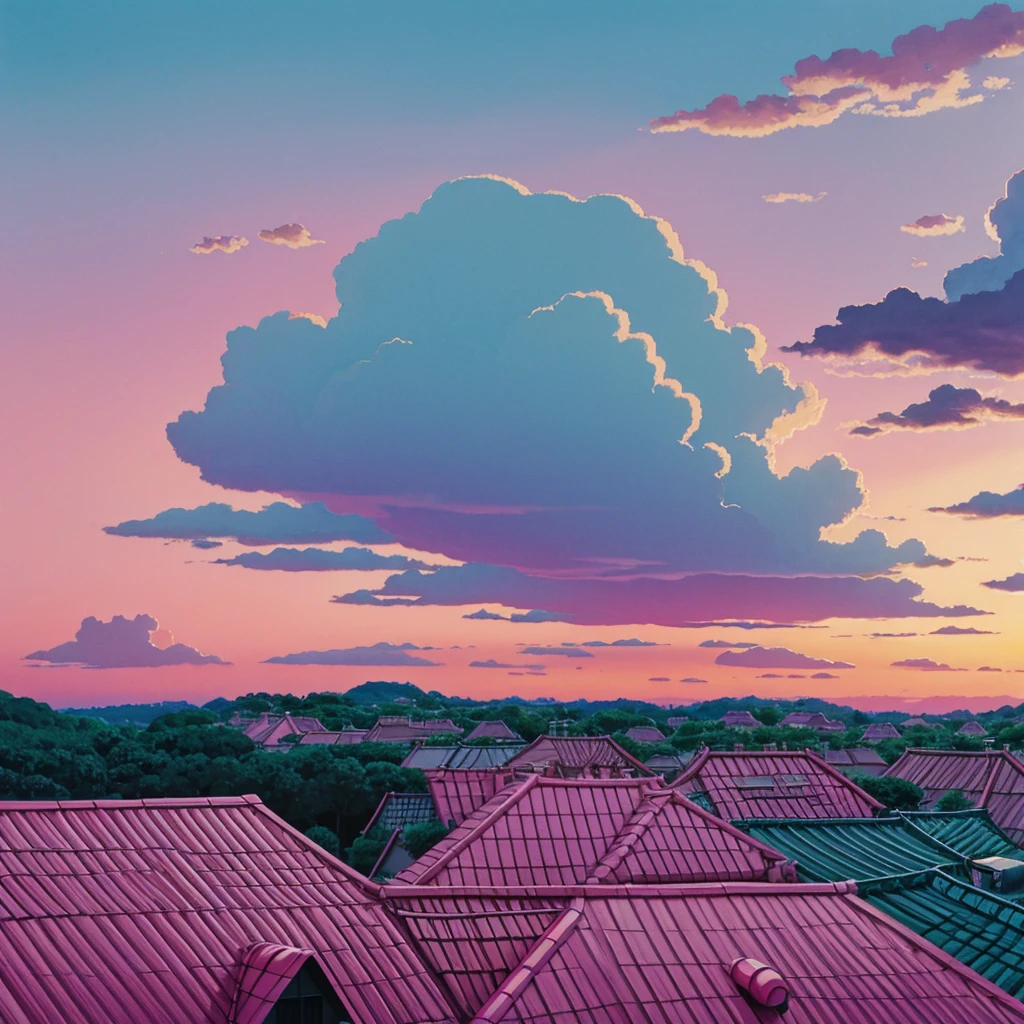 Pink sky evening Studio Ghibli Style