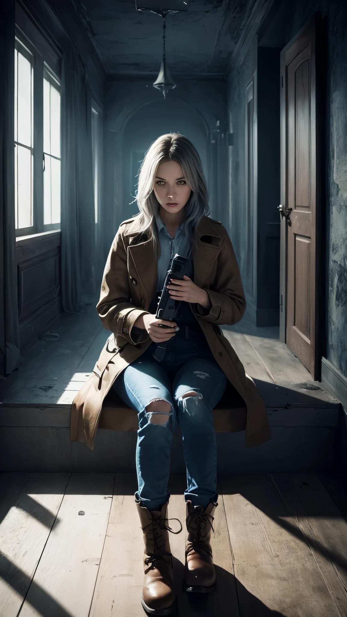 ((Suspense Scene ((Concept Art)), Highly detailed drawing of a girl in blue jeans, Brown coat and boots)), (Better lighting, Better Shadows, Very delicate and scary), (Digital Illustration), ((4K Painting)), [(Dynamic Angle,((One girl)),Gray Hair, (Beautiful Face, Perfect Face, Scared,) Expressions of fear, Torn clothes, Holding a gun in your hand, Sitting on the floor, darkness, Scary House),  [:(dark, mysterious, Game Paint, An ominous setting, Jagged Hallway, Big House, silence):]