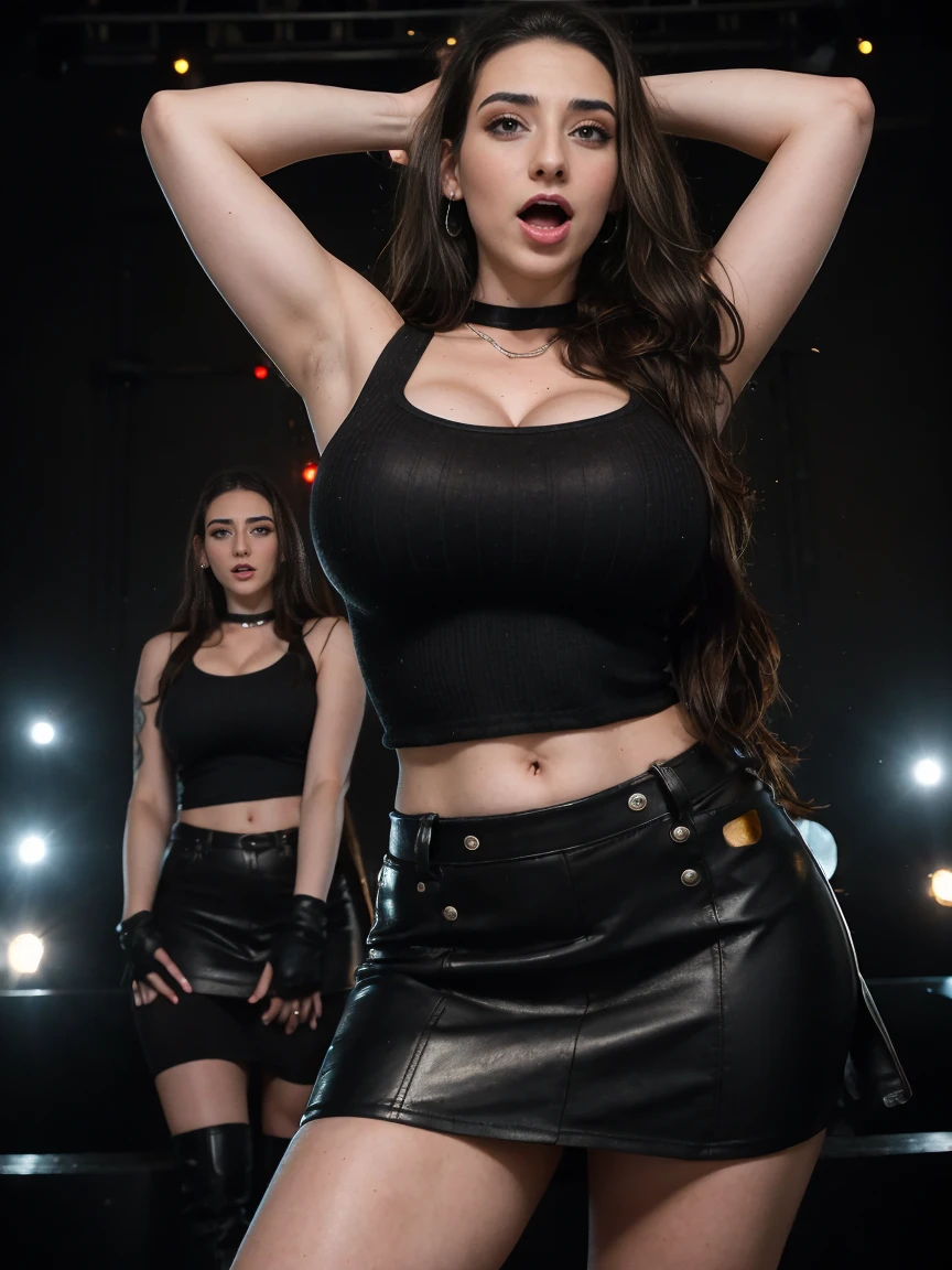Extremely busty thin and toned brunette death metal singer, college girl, fair skin, big hair, hair pulled back, soft face, athletic, heavy makeup, piercings, black leather, studs, tight black top, boots, fingerless gloves, tight skirt, chains. standing on a stage, pyrotechnics, black butterflies, tattoos. holding a microphone, metal concert. (microphone), angry, rage, screaming. Heavy metal. Death metal. Explosions, fire.