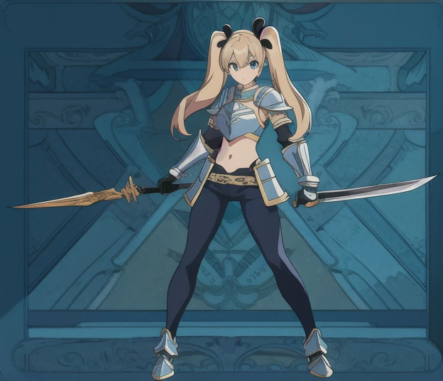 An anime picture, a perfect body, full body, villages background, female warrior, black twin tails, Blue sexy armor, and blue leggings