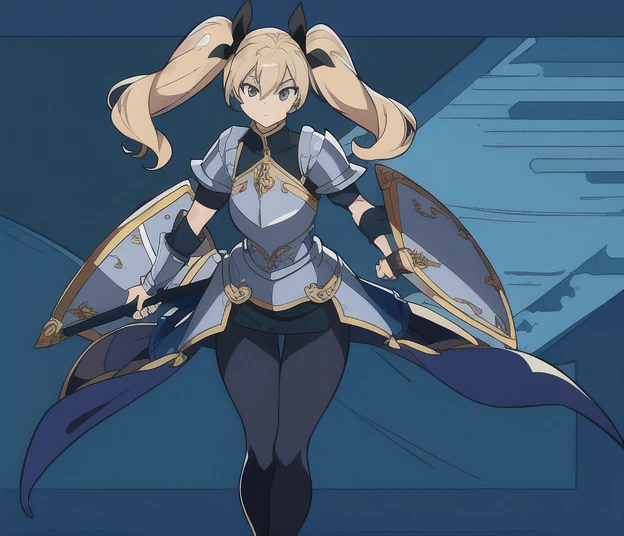 An anime picture, a perfect body, full body, villages background, female warrior, black twin tails, Blue sexy armor, and blue leggings
