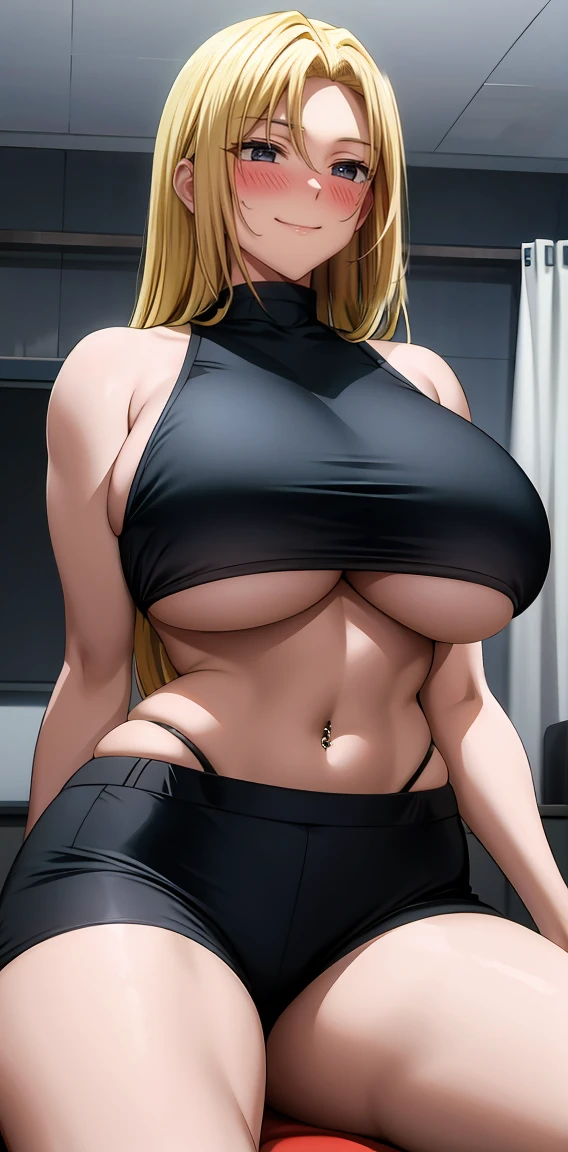 Yuki tsukumo from jujutsu kaisen, long hair, blonde hair, front view detailed body, long belly, big , tight body , thicc breast , thicc thighs, standing , front shot, facing at viewer, cowboy shot, white skin, solo, straight shoulder length hair, curtain bangs, underboob, very wide hips, large ass, narrow waist, thick thighs, black crop top, black booty shorts, sultry smile, navel piercing, underboob, cleavage, living room, sitting on couch, blizzard outside, looking at viewer, facing at viewer, muscular woman