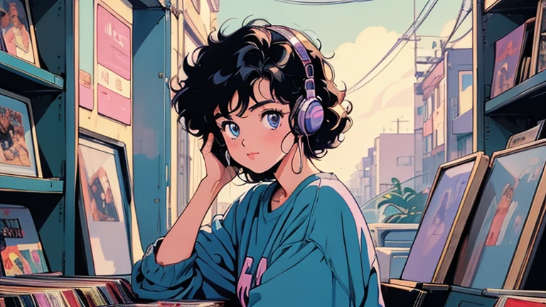 retro, city pop , anime, manga, 22years, girl, put on headset, puple check shirts, at a record shop, listning music, blue eyes, curly black hair