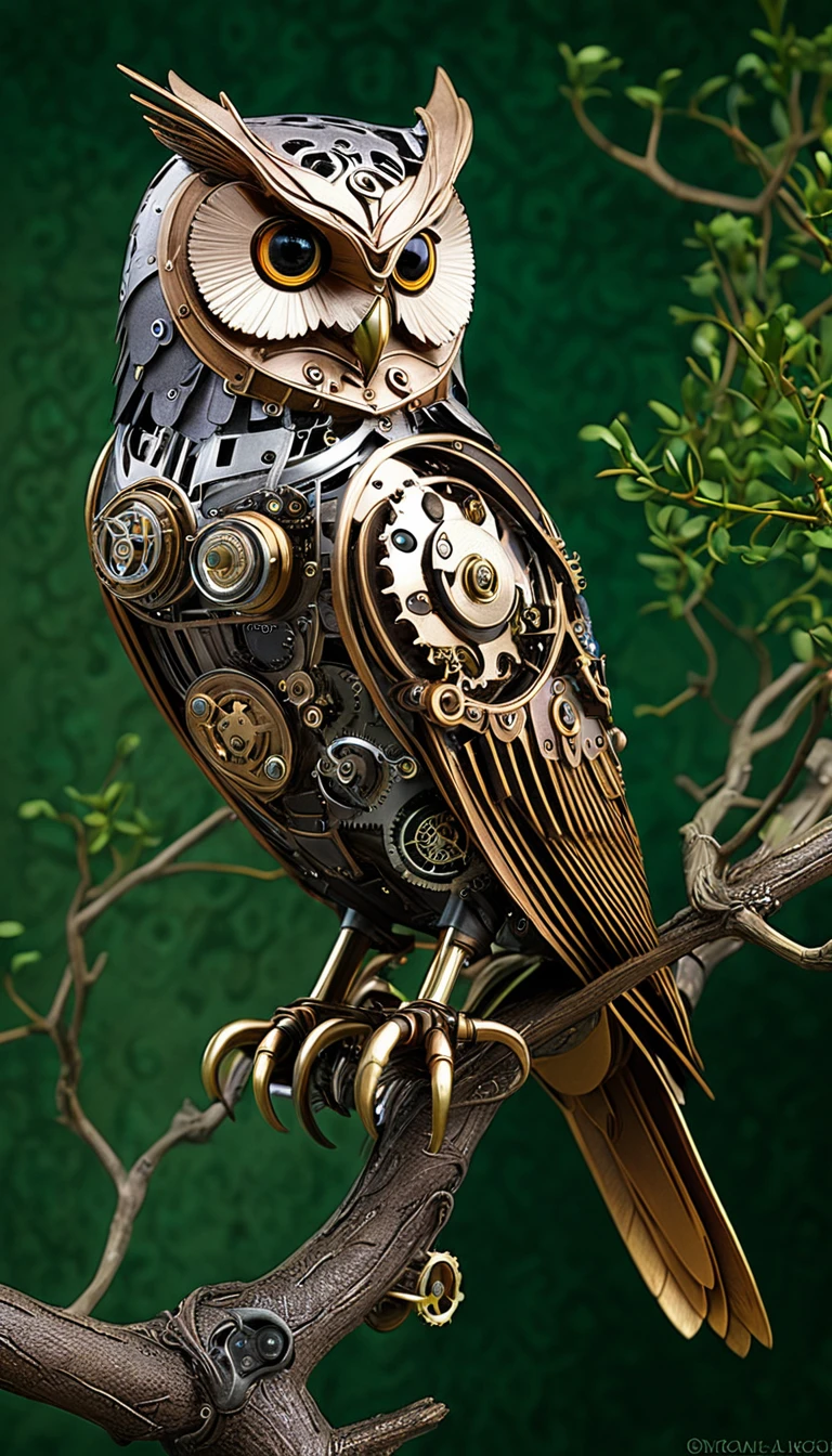 An amazing mechanical steampunk owl、Perched gracefully on a gnarled branch。, He stared at the audience with sharp eyes.. These creatures' The eyes are delicately painted, It captures the mysterious glow of a dark nebula flickering in the background.. Soft bokeh adds a touch of mystery to this captivating scene..