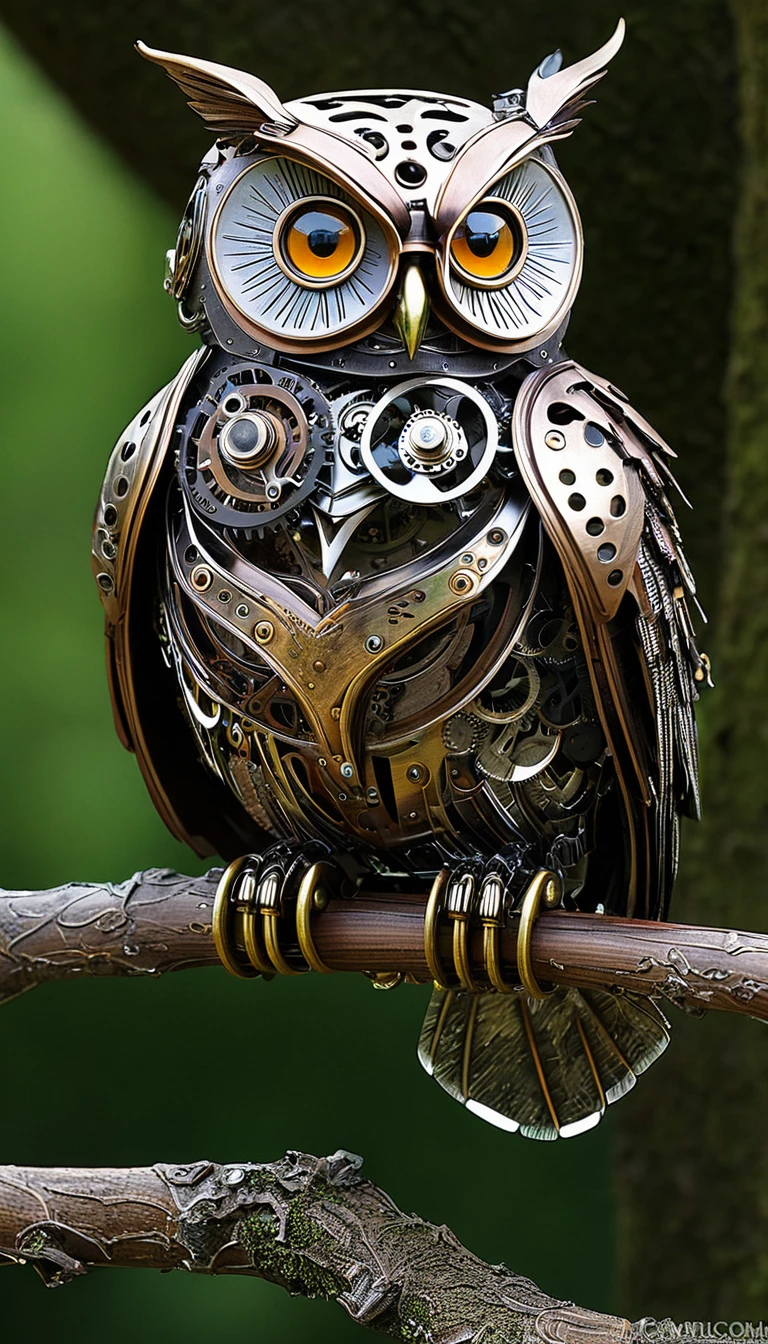 An amazing mechanical steampunk owl、Perched gracefully on a gnarled branch。, He stared at the audience with sharp eyes.. These creatures' The eyes are delicately painted, It captures the mysterious glow of a dark nebula flickering in the background.. Soft bokeh adds a touch of mystery to this captivating scene..