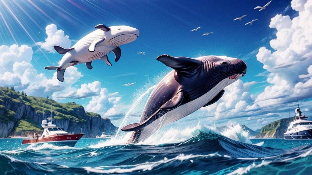 Flying whale jumps over a yacht, opening its huge mouth, clear sunny sky, splashing water, (best quality,4k,8k,highres,masterpiece:1.2),ultra-detailed,(realistic,photorealistic,photo-realistic:1.37),detailed whale anatomy,dramatic lighting,cinematic composition,vibrant colors,smooth shading,dramatic ocean waves,shimmering sun reflection,