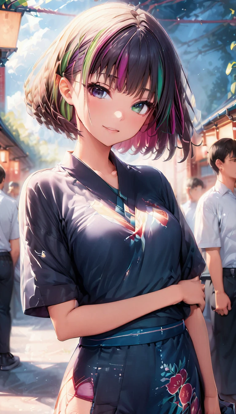 (highest quality:1.2, Very detailed, up to date, Vibrant, Ultra-high resolution, High Contrast, masterpiece:1.2, highest quality, Best aesthetics), Portraiture、girl、solo, (25-years-old:1), slim, , heterrochromia, green eye, red eye, (traditional yukata), summer festival, bon dance, Bright colors、Beautiful fine details、Beautiful lip detail、extra short hair, ((bob cut:1.5))、pink and purple, ((streaked hair:1.9)), (highlights hair: 1.6), (small breast:1.3), (tan skin:0.7), cowboy shot:1