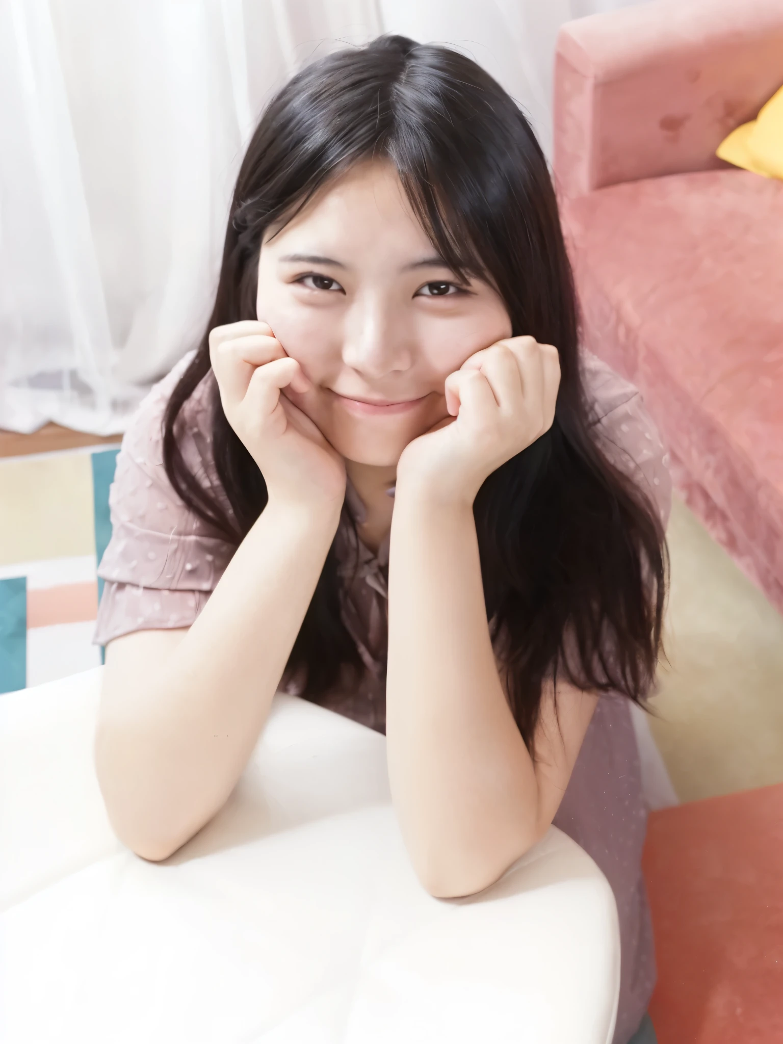 there is a young woman sitting at a table with her hands on her chin, young asian girl, a young asian woman, relaxing and smiling at camera, young asian woman, portrait of a japanese , young cute wan asian face, slight smile expression, smiling young woman, face photo, smiling girl, a cute young woman, she is smiling and happy
