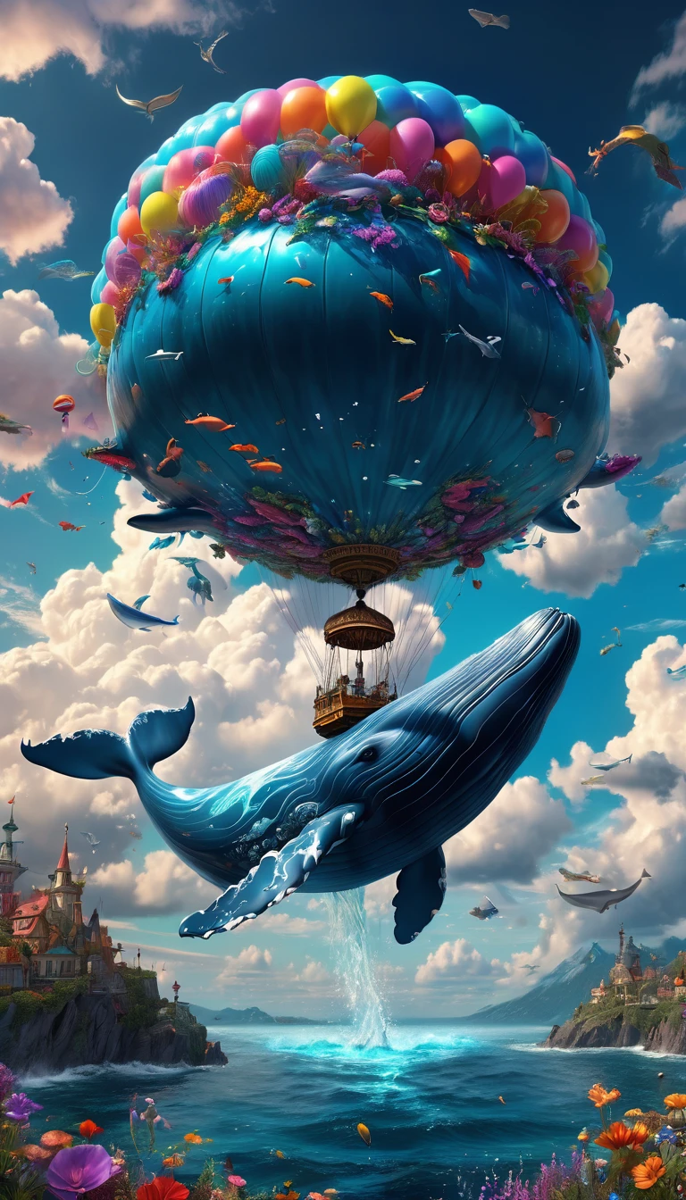 a flying whale, whale in the sky, whimsical digital art, surreal landscape, fantasy creature, magical realism, cinematic lighting, dramatic clouds, vibrant colors, ethereal atmosphere, intricate details, photorealistic, (best quality,4k,8k,highres,masterpiece:1.2),ultra-detailed,(realistic,photorealistic,photo-realistic:1.37)