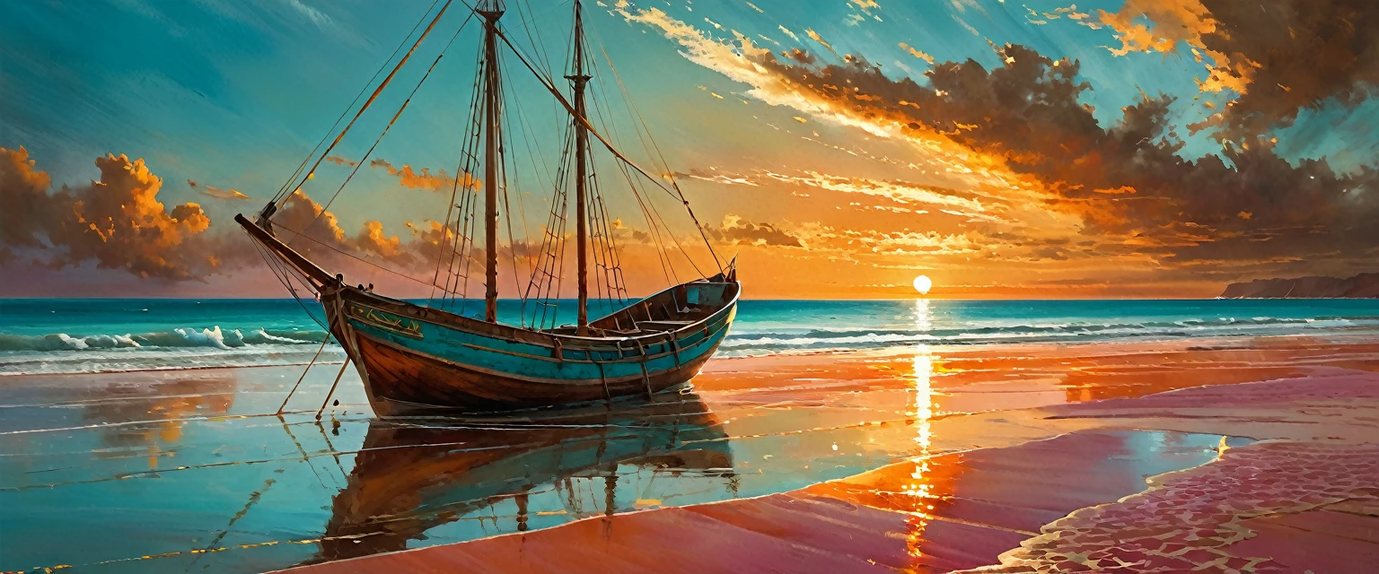 Winner of the award for best photography of the year, (the scene captures with extreme clarity, 
color and texture) a Turquoise Coast of Baja California, capturing the essence of a serene Mexican Panga boat 
anchored in the golden sand of a picturesque beach,((Soft pinkish-orange tones blend with the sky)), 
reminiscent of the magic hour when the sun hides behind the horizon. 
The rule of thirds composition places the ship at the intersection of two diagonals, 
drawing the viewer's attention to the tranquil scene. The brushwork is textured and realistic, 
evoking the style of artists such as Aytek Cetin, Max Rive, Tanmay Sapkal, Andrea Zappia and Daniel Gerhartz.
