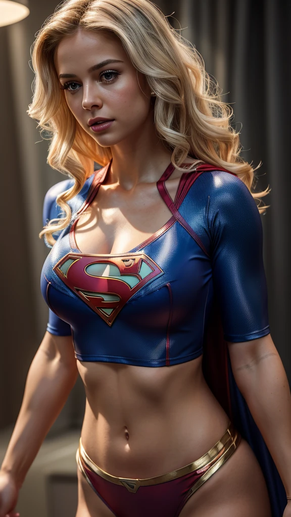 Hyper-realistic image of Supergirl in a scene where she is fading into small particles, her breasts are extra ultra large and cleavage in her translucent and transparent blouse and blouse, her hair is gold and silver and pink and curly cinematic lighting effects maximum quality image. The girl is in a sports swimsuit and a red and blue crop top with gold edges.