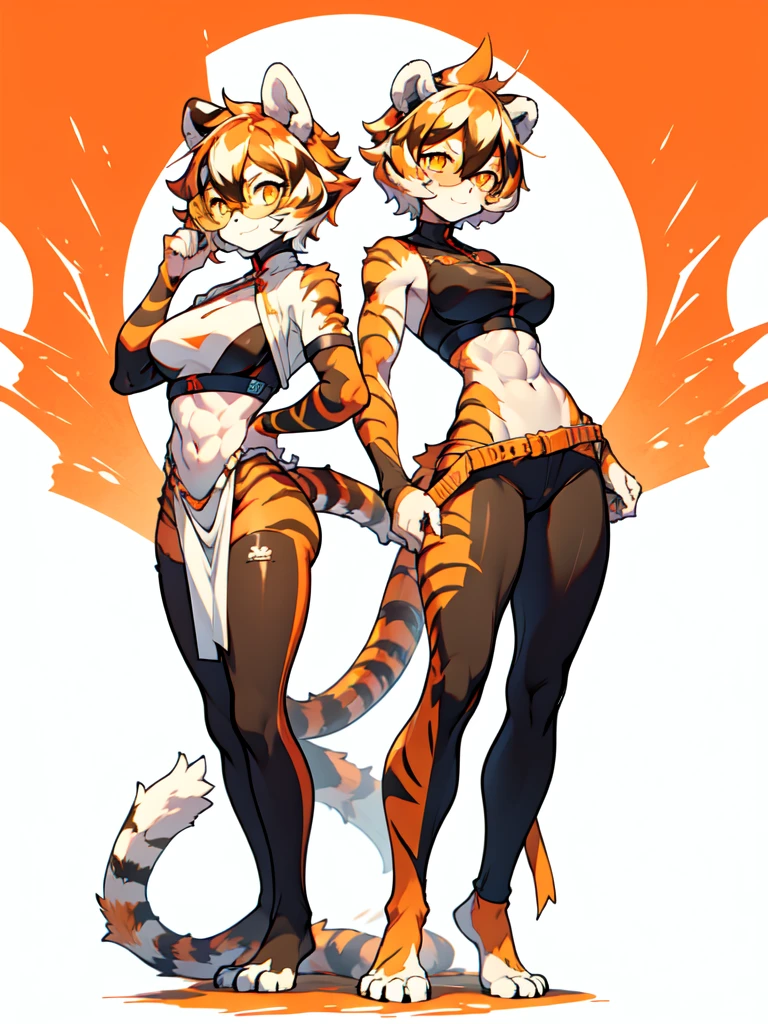 white background, full body, 2girls, solo, Standing:1.5, animal ears, white hair, black hair, short hair, large breasts, Abdominal muscles, tail, orange eyes, orange hair, multicolored hair, tiger girl, hair between eyes, tiger_ears, tiger_tail, orange-tinted_eyewear, tinted_eyewear, big breasts, evil smile, Shadows under feet, sey ass,front and back,Crotch