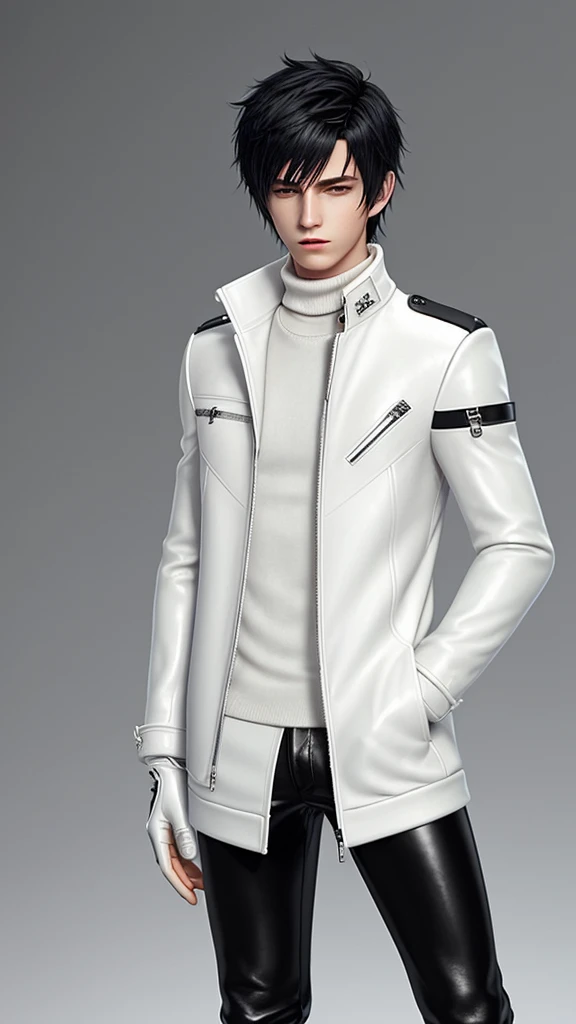 Final fantasy taste and reality graphics, Japanese young cute and cool ikemen  boy, his age is early 20s, thin eyebrows and beady eyes,  he wearing off white color leather  thick material jacket, jacket is singlebrest, biker style jacket, with epaulet, jacket is long sleeve, must close the front of the leather jacket, , jacket is voluminous, ,must jacket is high length and stand-up collar with two belts, jacket is a little black color line pattern,close the front of the jacket, also wearing black thick material turtleneck lackluster shirts,  tight black leather pants,  black leather tight and thin glove, black leather knee-high raceup boots,must views  head-to-toe,must views whole body, boy looks like fashion model,Do not show skin from the neck down,leather jacket leather glove and leather pants have few wrinkles,boy in the prison room, Avoid showing your innerwear,zip up jacket fastner.