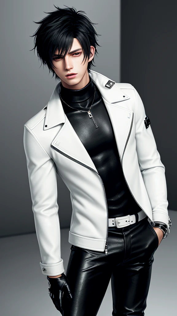 Final fantasy taste and reality graphics, Japanese young cute and cool ikemen  boy, his age is early 20s, thin eyebrows and beady eyes,  he wearing off white color leather  thick material jacket, jacket is singlebrest, biker style jacket, with epaulet, jacket is long sleeve, must close the front of the leather jacket, , jacket is voluminous, ,must jacket is high length and stand-up collar with two belts, jacket is a little black color line pattern,close the front of the jacket, also wearing black thick material turtleneck lackluster shirts,  tight black leather pants,  black leather tight and thin glove, black leather knee-high raceup boots,must views  head-to-toe,must views whole body, boy looks like fashion model,Do not show skin from the neck down,leather jacket leather glove and leather pants have few wrinkles,boy in the prison room, Avoid showing your innerwear,zip up jacket fastner.