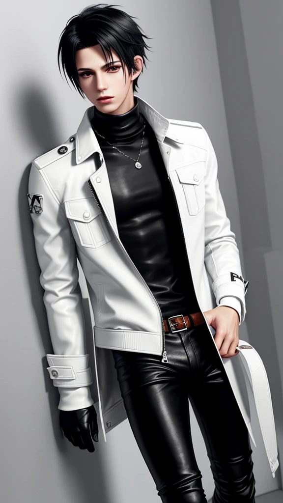 Final fantasy taste and reality graphics, Japanese young cute and cool ikemen boy, his age is early 20s, thin eyebrows and beady eyes, he wearing off white color leather thick material jacket, jacket is singlebrest, biker style jacket, with epaulet, jacket is long sleeve, must close the front of the leather jacket, , jacket is voluminous, ,must jacket is high length and stand-up collar with two belts, jacket is a little black color line pattern,close the front of the jacket, also wearing black thick material turtleneck lackluster shirts, tight black leather pants, black leather tight and thin glove, black leather knee-high raceup boots,must views head-to-toe,must views whole body, boy looks like fashion model,Do not show skin from the neck down,leather jacket leather glove and leather pants have few wrinkles,boy in the prison room, Avoid showing your innerwear,zip up jacket fastner.