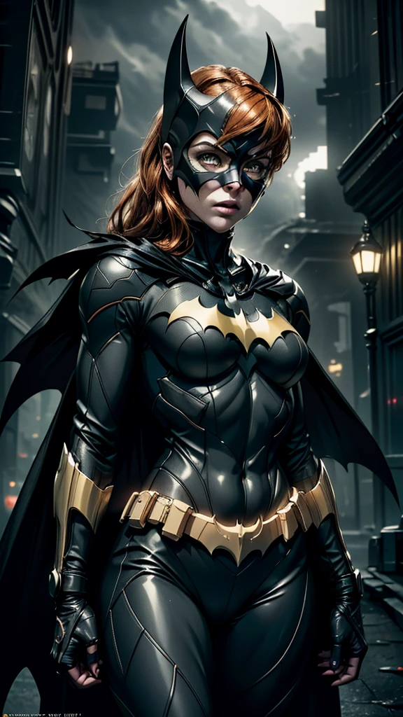 ((Batgirl in a high-tech vigilante suit with Batman symbol on chest, orange hair and light eyes, in a dark night of Gotham city, cape flowing in the wind)),(best quality,4k,8k,highres,masterpiece:1.2),ultra-detailed,(realistic,photorealistic,photo-realistic:1.37),detailed facial features,extremely detailed eyes and face,longeyelashes,intricate costume details,dramatic lighting,moody atmosphere,cinematic composition,((leds Yellow)), usando capuz do Batman 