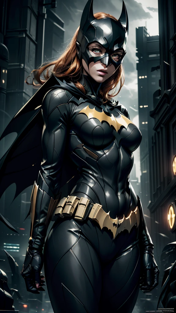 ((Batgirl in a high-tech vigilante suit with Batman symbol on chest, orange hair and light eyes, in a dark night of Gotham city, cape flowing in the wind)),(best quality,4k,8k,highres,masterpiece:1.2),ultra-detailed,(realistic,photorealistic,photo-realistic:1.37),detailed facial features,extremely detailed eyes and face,longeyelashes,intricate costume details,dramatic lighting,moody atmosphere,cinematic composition,((leds Yellow)), usando capuz do Batman 