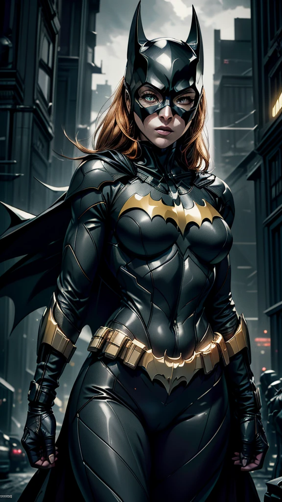 ((Batgirl in a high-tech vigilante suit with Batman symbol on chest, orange hair and light eyes, in a dark night of Gotham city, cape flowing in the wind)),(best quality,4k,8k,highres,masterpiece:1.2),ultra-detailed,(realistic,photorealistic,photo-realistic:1.37),detailed facial features,extremely detailed eyes and face,longeyelashes,intricate costume details,dramatic lighting,moody atmosphere,cinematic composition,((leds Yellow)), usando capuz do Batman 