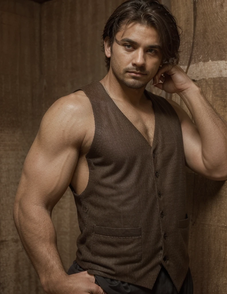 1 light brown boy, eyes black, facial hair, looking ahead at viewer, male focus, realisitic, chemise, standing alone, stubbles, Traditional media, trunk, Vest, realisitic, ultra quality, highy detailed, ultra HD, 1 men, face 