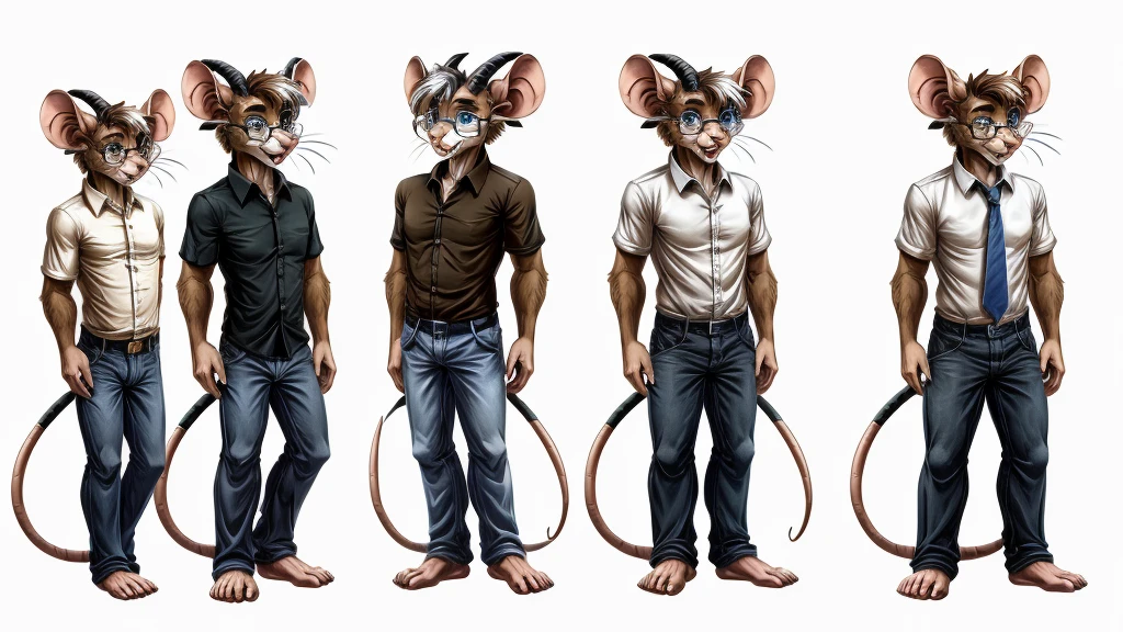 full body, male, furry, goat-rat hybrid, ((goat horns)), mouse ears, ((light brown colored fur with white highlights)), (brown hair), blue eyes, mouse tail, adult, handsome, humanoid feet, mature, (slim build),black wire glasses, wearing short sleeve dress shirt and jeans, expression sheet, multiple expressions