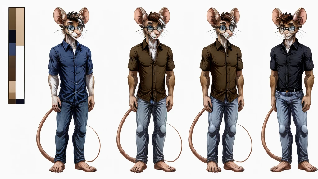 full body, male, furry, goat-rat hybrid, ((goat horns)), mouse ears, ((light brown colored fur with white highlights)), (brown hair), blue eyes, mouse tail, adult, handsome, humanoid feet, mature, (slim build),black wire glasses, wearing short sleeve dress shirt and jeans, expression sheet, multiple expressions