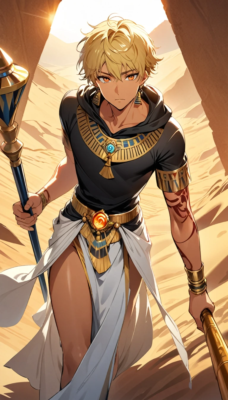 Desert Background,Handsome young man, blond, Orange Eyes, short hair, Black Hoodie,high quality, Draw Amount, pixiv illustrations,Tanned skin,Red tattoo on the arm,(Egyptian style,Egyptian Dress Up),Scepter,earrings,Sunlight,((Vision)),Wide-angle lens