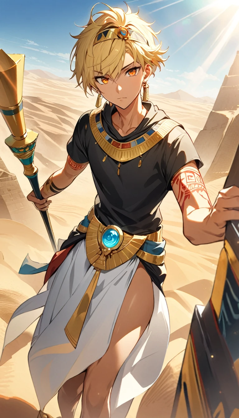 Desert Background,Handsome young man, blond, Orange Eyes, short hair, Black Hoodie,high quality, Draw Amount, pixiv illustrations,Tanned skin,Red tattoo on the arm,(Egyptian style,Egyptian Dress Up),Scepter,earrings,Sunlight,((Vision)),Wide-angle lens